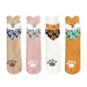 4 Pairs Coral Fleece Socks Women's Winter Cute Dog Mid-calf socks Home Sleep Floor Socks,White Pink Khaki Yellow